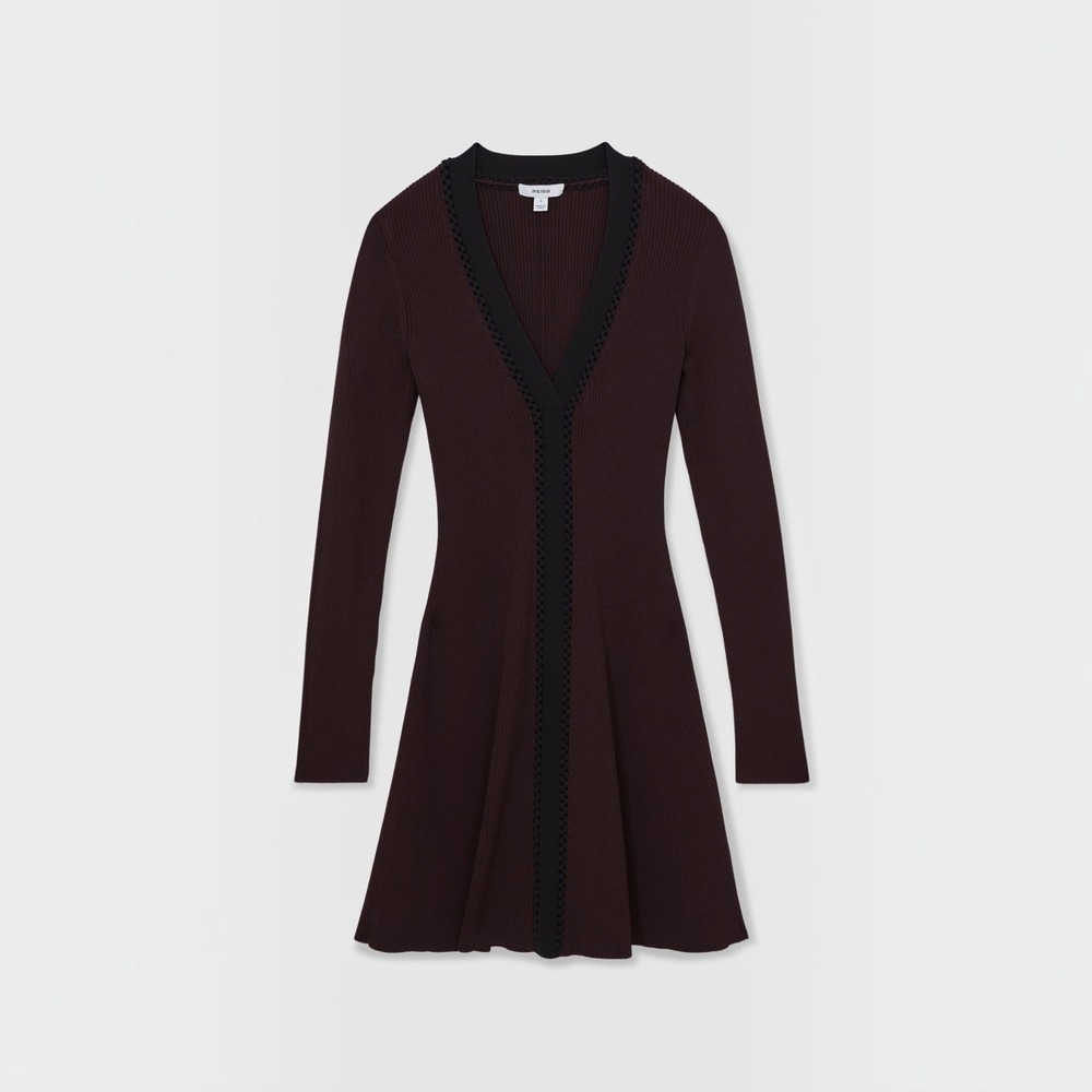 NEW REISS Alma Craft-Stitch Rib-Knit Mini Dress Burgundy Black XS NWT - Picture 2 of 10
